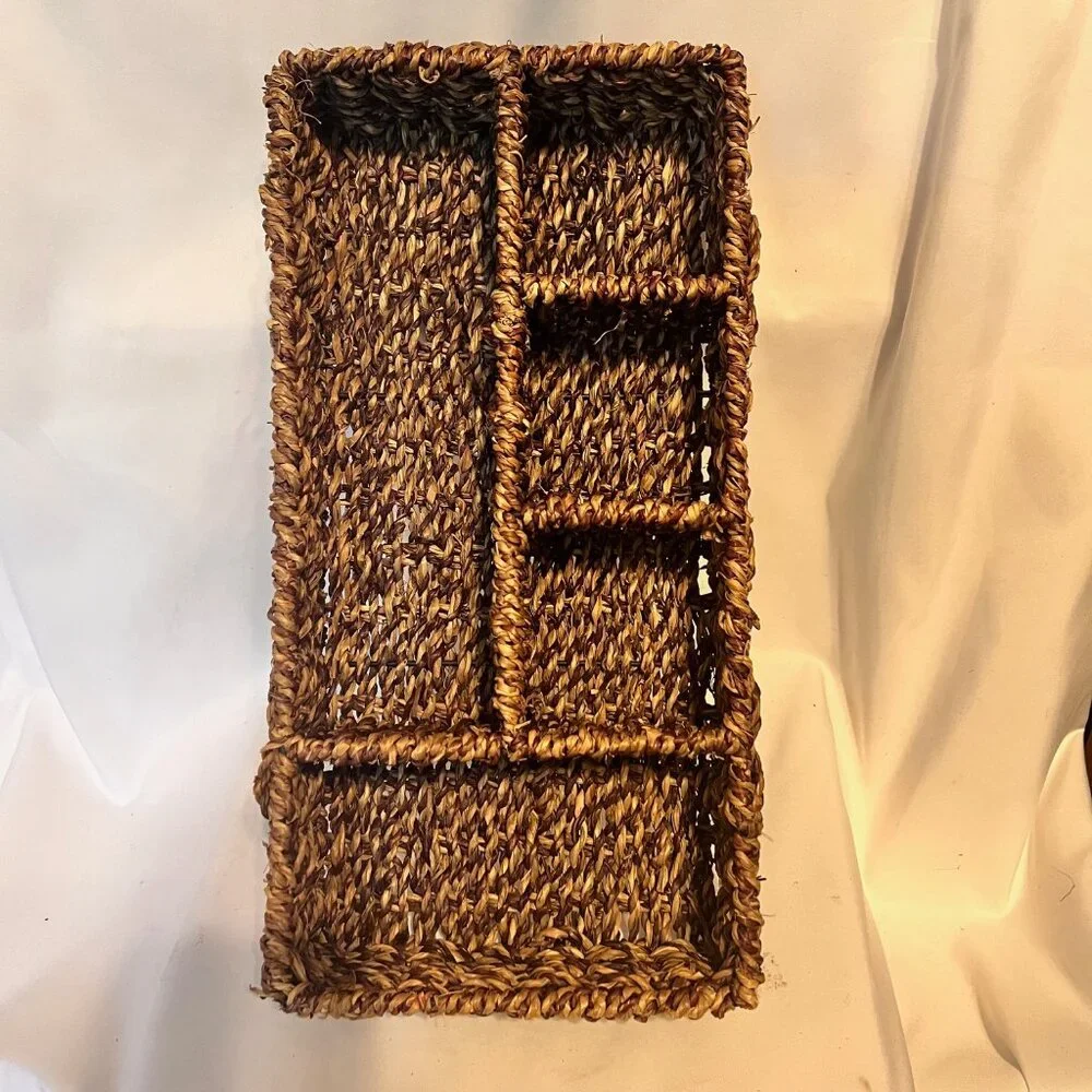 Vintage Seagrass Tray W/Compartments-Woven Basket-14